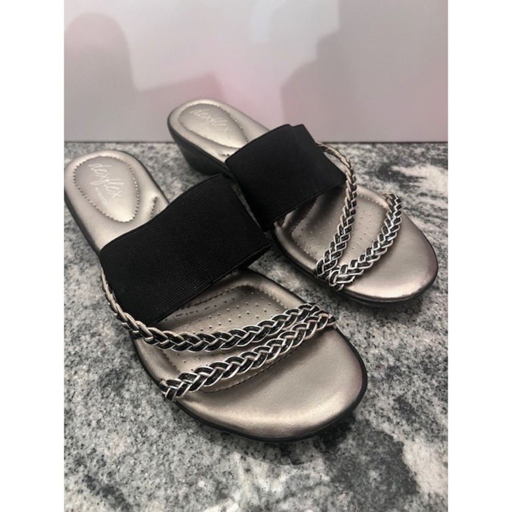 dexflex by Dexter Slide Sandals Womens 7.5 Black Silver Good Braided Wedge